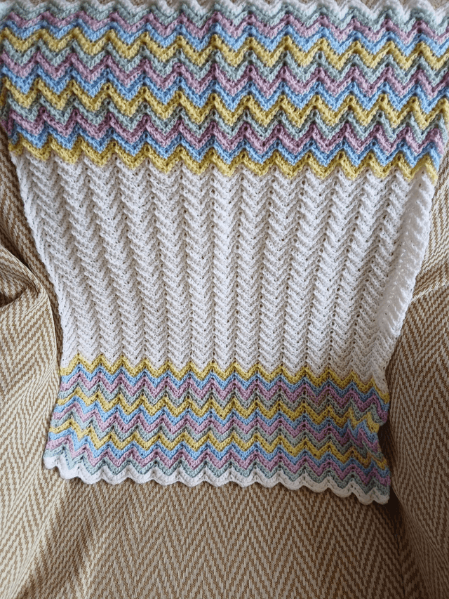 White/Multi Coloured Zig Zag Baby Blanket Hand Crocheted