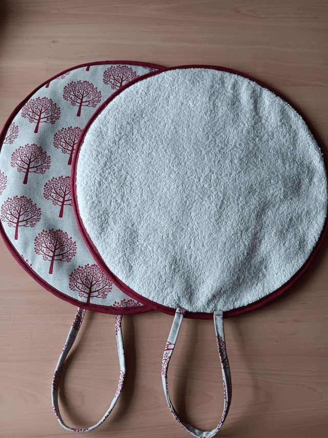 Pair of Beige Aga Lid Covers with Red Mulberry Trees Print Fabric and Burgundy binding