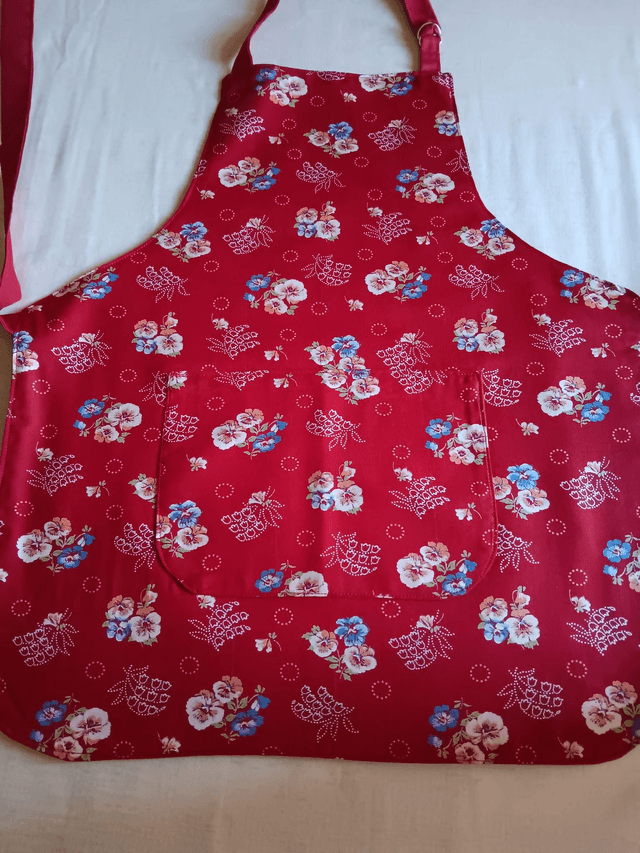 Childs Kitchen Play Apron Burgundy Flower Patterned Cotton Fabric with Front pocket and Burgundy lining, waist ties and adjustable neck ties 