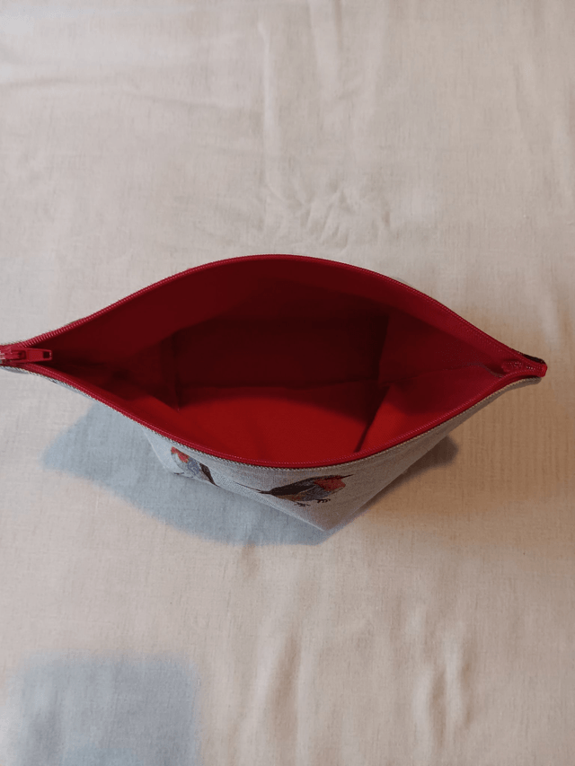 Box/Wash/Cosmetic Robin Print Cotton Fabric with Red Waterproof Lining