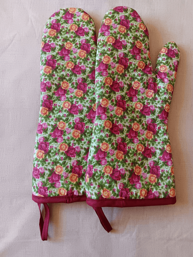 Pair of Oven Gauntlets Red Floral Fabric 