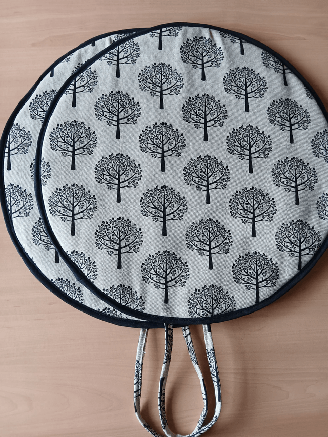 Pair of Beige Aga Lid Covers with Black Mulberry Trees Print Fabric and Black binding