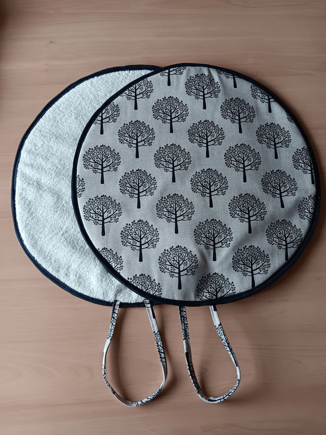 Pair of Beige Aga Lid Covers with Black Mulberry Trees Print Fabric and Black binding