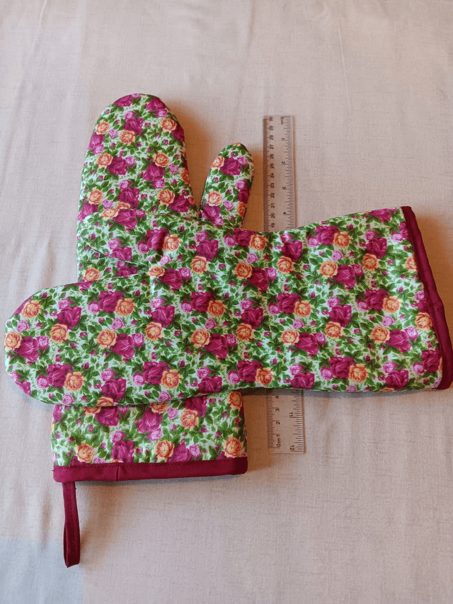 Pair of Oven Gauntlets Red Floral Fabric 