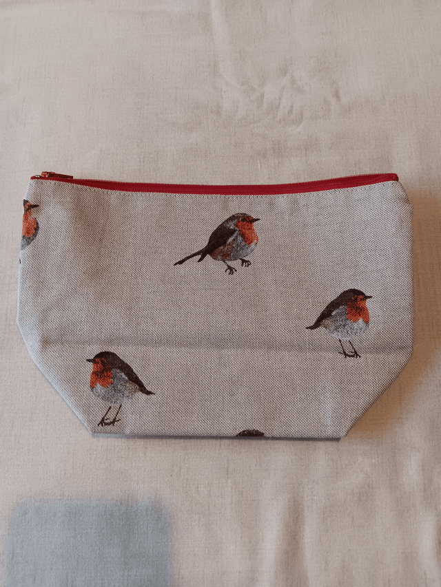 Box/Wash/Cosmetic Robin Print Cotton Fabric with Red Waterproof Lining