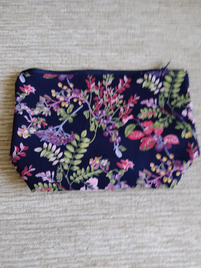 Box/Wash/Cosmetic Bag, Navy Floral Cotton print Fabric with Pink Waterproof Lining