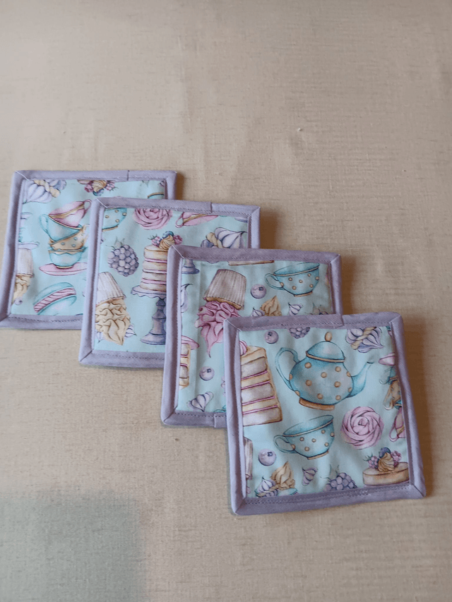 Set of 4 Coasters Three Wishes Tea and Cake patterned cotton fabric