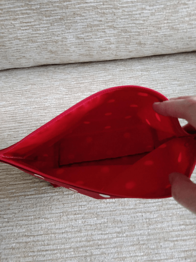 Cosmetic Toiletry Wash Bag in Red with White spots cotton fabric with red PU waterproof lining and Zip Closure.