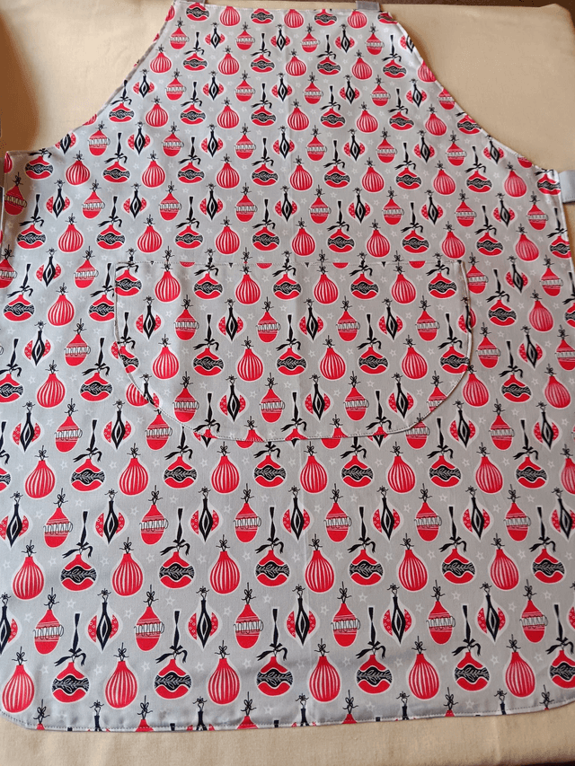 Kitchen Apron Cotton Baubles Print Fabric with Grey Lining and straps. Adjustable neck tie, lined matching pocket