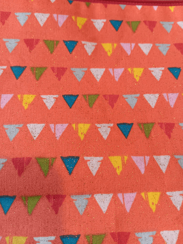 Box/Wash/Cosmetic Bag Orange Bunting with a glitter shimmer Cotton Fabric with Red Waterproof Lining