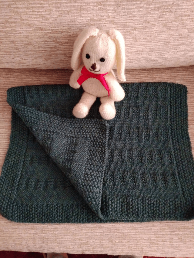 Green Hand Knitted Blanket in Garter Rib and Stocking Stitch Pattern