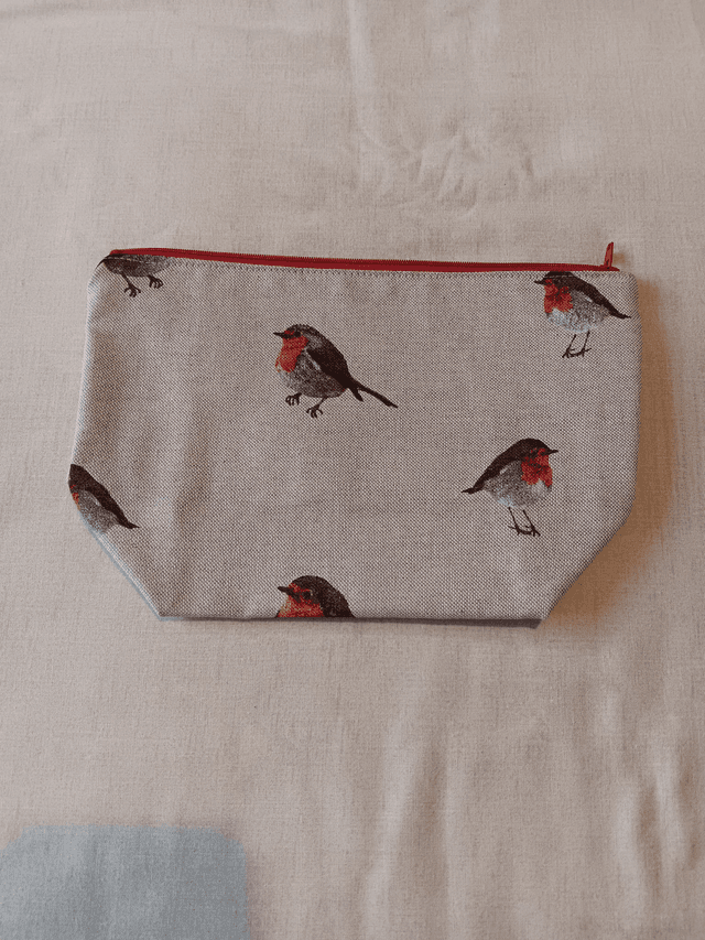 Box/Wash/Cosmetic Robin Print Cotton Fabric with Red Waterproof Lining