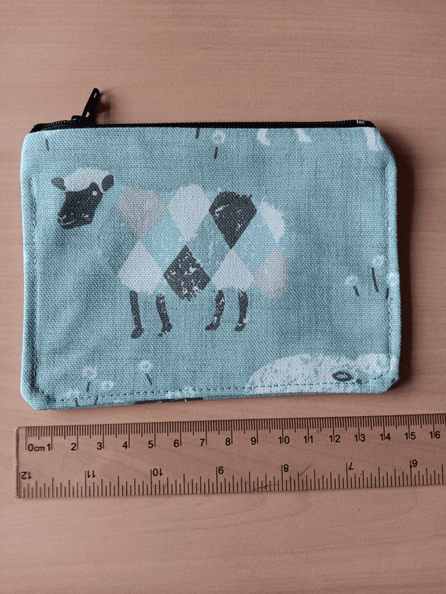Baa Baa Duck Egg Fabric Purse with Grey Waterproof Lining and Black Zip
