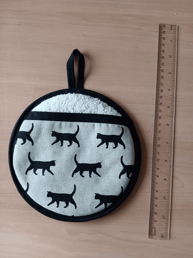 Round Hot Pot Grab Mat in Black Cats Walking Fabric heat resistant wadding filling and hanging loop